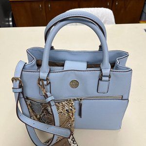 ANNE KLEIN Blue Cross Hatched Faux Leather Satchel/Crossbody w/ Snakeskin Accent